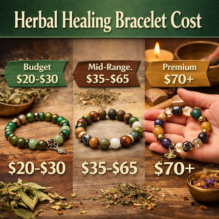 Herbal healing bracelet cost comparison showing different material levels, handmade details, and natural herbal elements in a calm setting